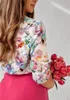 Chemisiers pour femmes Mode Fleur de Cerisier Poudre Imprimé Chemise Coréenne Fleur Chemisier Élégant Printemps Polo Manches Longues Simple Boutonnage Bureau