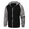 Hoodies masculinos outono inverno cor contraste zíper cardigan com capuz de pelúcia quente casual casaco de manga longa