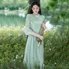 Etnik Giyim Zarif Yaz Yeşil Geliştirilmiş Cheongam Nakış Retro Moda Zen Üstler Etek Nedime Elbise Çin tarzı Hanfu