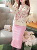 Vestido de duas peças outono inverno coreia do sul leopardo padrão suéter split rosa comprimento médio envoltório quadril saia conjunto mulheres 2 peça 230920