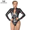 Catsuit Costumes VIP FASHION Women Scary Skeleton Ghost Punk Print Halloween Long Sleeve Zentai Bodysuit Catsuit Sexy Swimsuits Cosplay Costumes