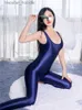 Kvinnors jumpsuits Rompers Zipper Open Crotch Oil Glossy Jumpsuits Kvinnor Smooth Sexig Tight High Elastic Soft Deep V Neck Shiny Bodysuit Forming Candy Color L230921