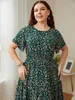 Plus size vestidos tamanho scroop pescoço floral impressão cintura elástica mangas curtas boho verão longo robe uma linha balanço maxi vestido roupas 230920