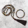 Necklace Earrings Set 108 Beads 6mm Tiger Eye Stone Irregular Black Gallstone Handmade Bracelets Jewelry Women Men Meditation Yoga Gifts