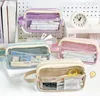 Simple Large Capacity Pencil Bag Double Layer Transparent Stationery Zipper Pouch Student Pen Case School Supplies