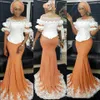 Mermaid Off the Shoulder Evening Dresses Elegant Applique Lace Mermaid Satin Prom Gowns Plus Size Aso Ebi African241o