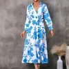 Casual Dresses Womens Turndown Neck Maxi Dress Loose Prints Long Sleeve Swing Flowy Girdle