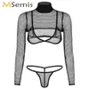 Womens Porno Stripper Outfit Transparent Pole Dance Fishnet Lingerie Set Clubwear Long Sleeve Shrug Tee with Triangle Bra Briefs1201b