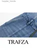 Combinaisons pour femmes Barboteuses TRAFZA 2023 femmes Social Denim salopette combinaison été combinaisons élégant revers col bleu à manches courtes poche longues combinaisons L230921