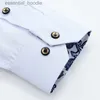 メンズドレスシャツブルーアンドホワイト磁器襟シャツ男性長袖スリムフィットカジュアルビジネスドレスシャツソリッドカラーホワイトシャツコットンL230921