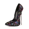 Dress Shoes Women Floral Printed Pointed Toe Pumps 16cm Extremely High Metal Thin Heel Ladies Party Performance Sexy SM