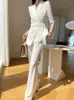 Kobiety Dwuczęściowe spodnie dla kobiet urząd nosza koreańską modę na pół rękawie koronkowy płaszcz blezerowy płaszcz o wysokiej pasie szczupłe białe stroje 230921