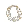 Łańcuchy vintage lady perły kwiat długi naszyjnik elegancki podwójne warstwy biżuteria modowa