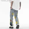 Jeans voor heren Chinees schilderij geborduurd patch denim gescheurde jeans voor heren streetwear gewassen vernietigd geplooide rechte jeans mannelijke kwasten J230921