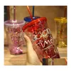 Tumblers 50Pcs/Lot 450Ml Creative Colorf Double Layer Plastic Cup With Lid Summer Gold Powder Juice Cups Water Cup-With St 15.5X6.5C Dhfsw