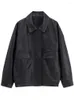 Damen-Leder-Vintage-Jacke für Damen, Schwarz, wasserdichter Reißverschluss, elastisch und weich, Synthetik an der Taille, Frühling und Herbst
