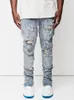 Mens Jeans Design Men Man paint Slim Fit Cotton Ripped Denim pants Knee Hollow Out Light blue for Streetwear 230920