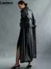 Women's Leather Faux Leather Lautaro Autumn Long Oversized Black Faux Leather Trench Coat for Women Long Sleeve Belt Double Breasted Loose Fashion 230920