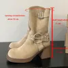 حذاء اللباس Nubuck Western Cowboy Boots للنساء من الجلد الأصلي كعب سميك قصير الرجعية