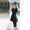 Women's Swimwear Large Size Black Color Women Short Sleeve Two Piece Swimsuit With Skirt Conservative Beach Wear Solid Swimming Suit