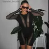 Macacões femininos macacão ver através de sexy bodysuit malha manga longa apertado curto macacão mulheres 2023 transparente bodycon playsuit corpo preto rave outfit l230921