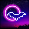 Luzes da noite Lua Bat Sign Neon LED Animal Modelagem Lâmpada Nightlight Cena Ornamentos Decoração Quarto Parede Loja Festa Home Halloween Drop D Otwbl