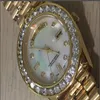 Orologi di lusso Orologio da donna di alta qualità 36mm Giorno Data Presidente Oro 18 carati Mop bianco Quadrante con diamanti più grande Lunetta Quickset 2y Automati1989