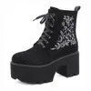 Boots Gdgydh Women s Black Side Zipper Combat Fashionable Lace Up Platform Flower Brodery Detaljer Goth Shoes 230921