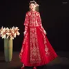 Ethnic Clothing Women Red Embroidery Wedding Dress Elegant Mandarin Collar Marriage Cheongsam Toast