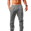 Calças masculinas de algodão linho verão cor sólida respirável calças casuais cintura elástica fitness hip-hop streetwear pant