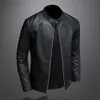 Chaqueta de cuero de imitación de piel de hombre para hombre, cuello de soporte, PU, moda, abrigo informal para motocicleta, motociclista, 230921