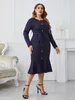 Plus-Size-Kleider, elegant, O-Ausschnitt, fester Gürtel, figurbetont, großes Kleid für Damen, Frühling, lange Ärmel, Knöpfe, Büro, Damen, Meerjungfrau-Saum 230920