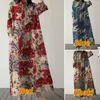 Casual Jurken Retro Plus Size Trui 2023 Dames Herfst/Winter Print Ronde Hals Losse Lange Jurk Mode Zak 9/4 Mouw