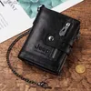 Money Clips % Cowhide Genuine Leather Men Wallet Coin Purse Small Mini Card Holder Chain PORTFOLIO Portomonee Male Walet Pocket Chain Q230921