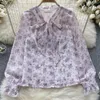 Damenblusen, lila Blumen-Chiffon-Shirt für Frauen, Sommer, Herbst, Spitze, Rüschen, Schleife, langärmelig, süße Bluse, Top, Blusa