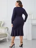 Plus-Size-Kleider, elegant, O-Ausschnitt, fester Gürtel, figurbetont, großes Kleid für Damen, Frühling, lange Ärmel, Knöpfe, Büro, Damen, Meerjungfrau-Saum 230920