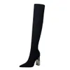 Boots Woman Long Knee High Square Metal Heel Heeled Pointy Sexy Elasticity Thin Wool 230920