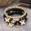 S3793 Moda bohémien Fili multistrato Bracciale con perline di cristallo dorato Pendenti con farfalla Perline Braccialetti elastici con tessuto fatto a mano