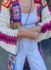 Puntos de mujer Tees Boho Color Plaid Flor Mano Crochet Cardigan Étnico Mujer V Cuello Abierto Costura Larga Suéter Prendas de punto Jumper Holiday 230920