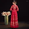 Ethnic Clothing Women Red Embroidery Wedding Dress Elegant Mandarin Collar Marriage Cheongsam Toast