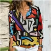 Kobiety Koszulę Bluzki Retro Kolorowe przyciski nadruku Koszulka Bluzka Autunia długi rękaw Turk Down Ladies Top Streetwear Casual Plus Size Blusa 230921