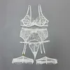 Sexy Set Sexy Dessous Blumenstickerei Erotische Unterwäsche Slip-Sets mit Strumpfbändern Transparenter Bügel-BH Kurze Hautpflege-Sets 230808