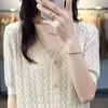 MOONYUEFA Damen-Strickpullover für Frühling und Sommer, ausgehöhlte Kammgarn-Wolle, kurzärmeliges T-Shirt, lässiger modischer Pullover