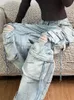 Kvinnors jeans minus Två tunga industri Multi-Pocket Washed Cargo Pants Women Y2K Vintage High-Rise Loose Overdized Straight-Ben Jeans 230920