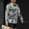 Men's Casual Shirts Mens Butterfly Printed Long Sleeve Shirt Band Collar Button Down Party T Dress Up