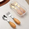 Wood Handle Baby Tableware Set Children Utensil Stainless Steel Toddler Dinnerware Cutlery Infant Food Feeding Spoon Fork LX6126