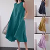 Plus size Dresses Summer Vintage Round Neck Pockets Dress Sleeveless Size Loose Solid Color Long Swing Tank Top Cotton Linen for Women 230920