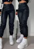 Мужские джинсовые длинные брюки-карго 2023, персонализированные уличные тенденции, карманные брюки из искусственной кожи с манжетами, осень-зима, высокая талия 230921