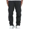 Men's Pants Men Cargo Multi Pockets Elastic Waist Drawstring Long Trousers Solid Color Loose Mid