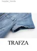 Combinaisons pour femmes Barboteuses TRAFZA 2023 femmes Social Denim salopette combinaison été combinaisons élégant revers col bleu à manches courtes poche longues combinaisons L230921